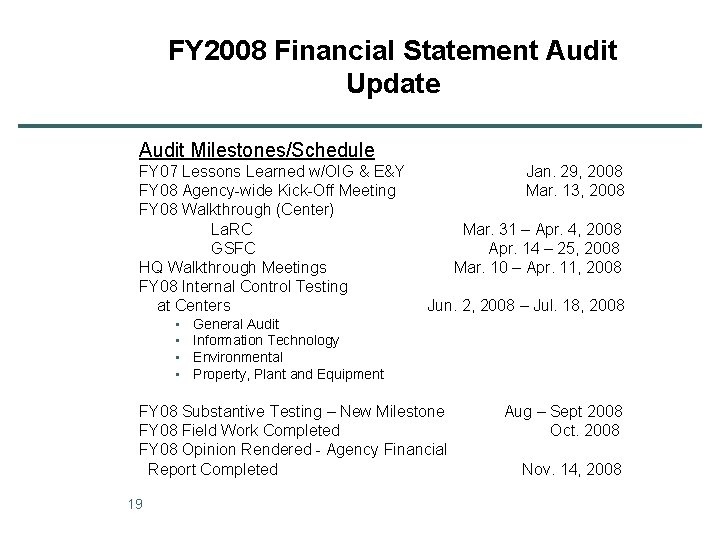 FY 2008 Financial Statement Audit Update Audit Milestones/Schedule FY 07 Lessons Learned w/OIG &