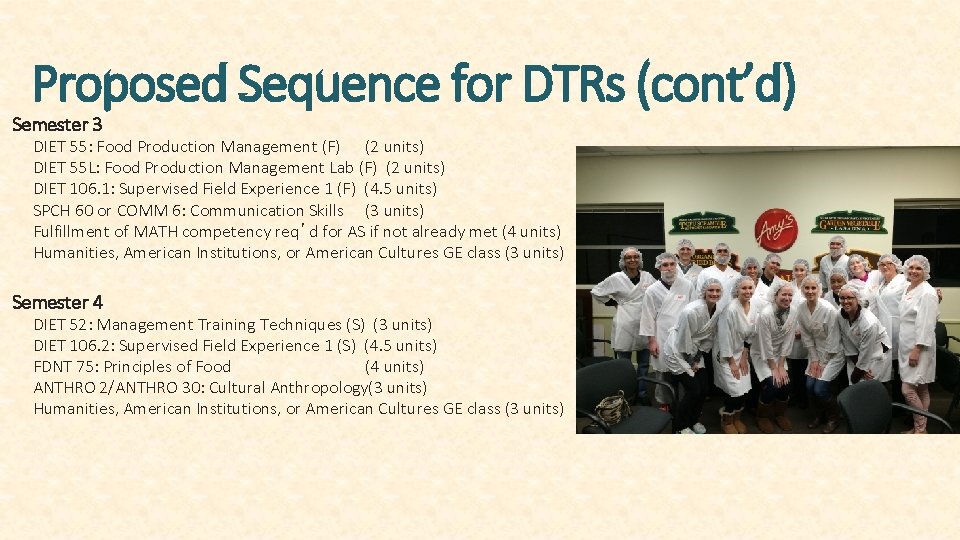 Proposed Sequence for DTRs (cont’d) Semester 3 DIET 55: Food Production Management (F) (2