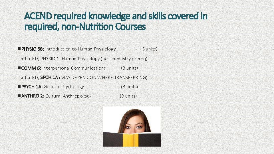 ACEND required knowledge and skills covered in required, non-Nutrition Courses n. PHYSIO 58: Introduction