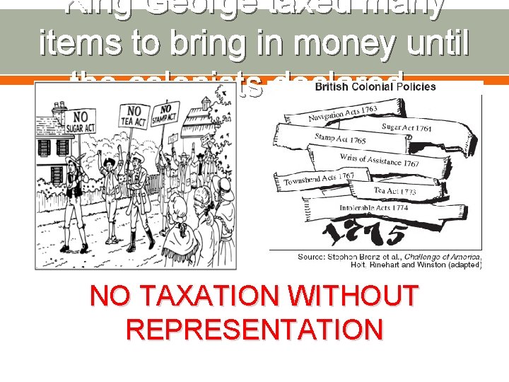King George taxed many items to bring in money until the colonists declared… NO