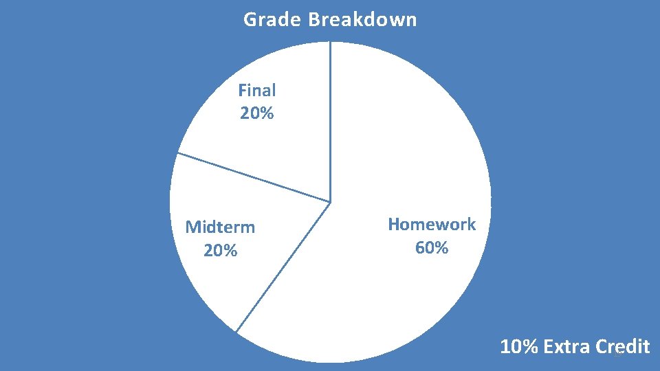 Grade Breakdown Final 20% Midterm 20% Homework 60% 10% Extra Credit 19 