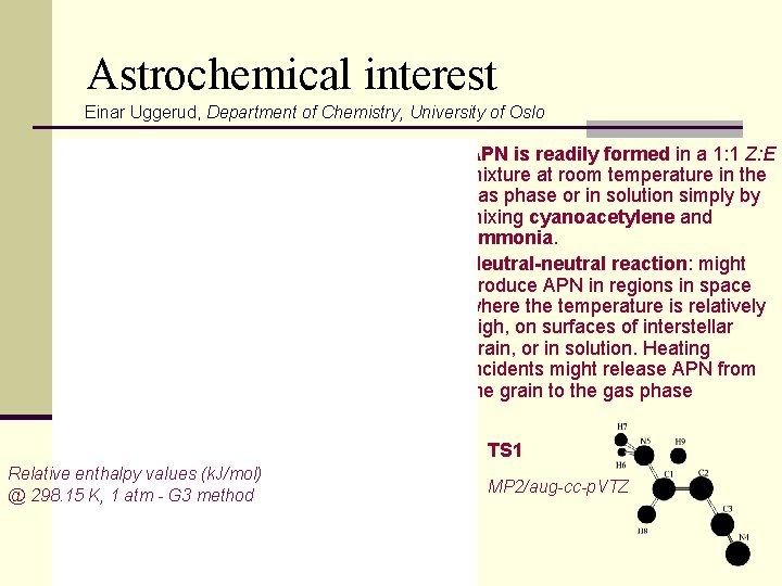 Astrochemical interest Einar Uggerud, Department of Chemistry, University of Oslo n APN is readily