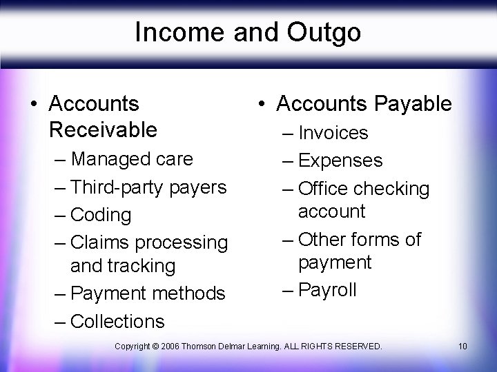 Income and Outgo • Accounts Receivable – Managed care – Third-party payers – Coding