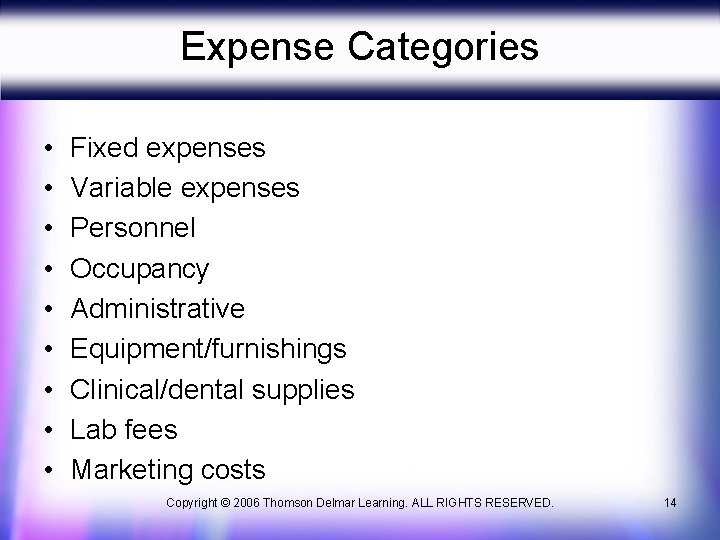Expense Categories • • • Fixed expenses Variable expenses Personnel Occupancy Administrative Equipment/furnishings Clinical/dental