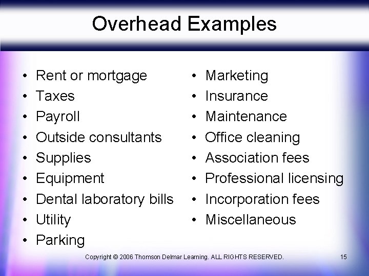 Overhead Examples • • • Rent or mortgage Taxes Payroll Outside consultants Supplies Equipment