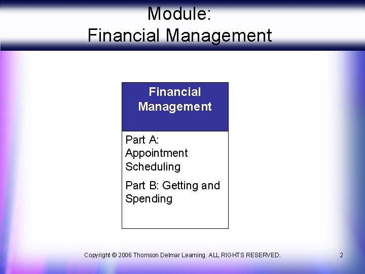 Module: Financial Management Part A: Appointment Scheduling Part B: Getting and Spending Copyright ©
