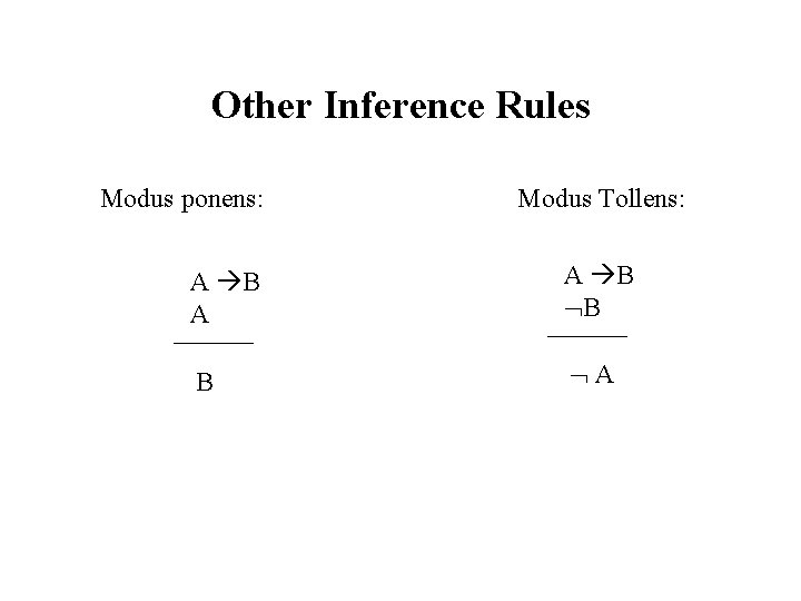 Other Inference Rules Modus ponens: Modus Tollens: A B A A B B B