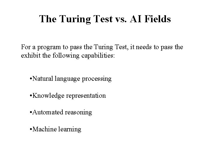 The Turing Test vs. AI Fields For a program to pass the Turing Test,