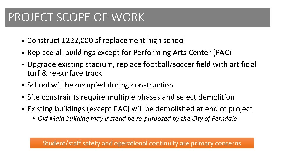 PROJECT SCOPE OF WORK Construct ± 222, 000 sf replacement high school § Replace