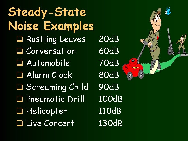 Steady-State Noise Examples q Rustling Leaves q Conversation q Automobile q Alarm Clock q