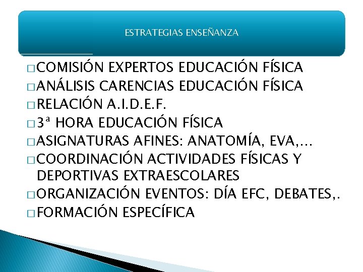 ESTRATEGIAS ENSEÑANZA � COMISIÓN EXPERTOS EDUCACIÓN FÍSICA � ANÁLISIS CARENCIAS EDUCACIÓN FÍSICA � RELACIÓN