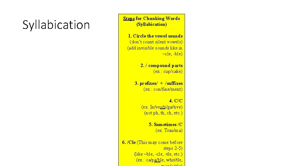 Syllabication Steps for Chunking Words (Syllabication) 1. Circle the vowel sounds (don’t count silent