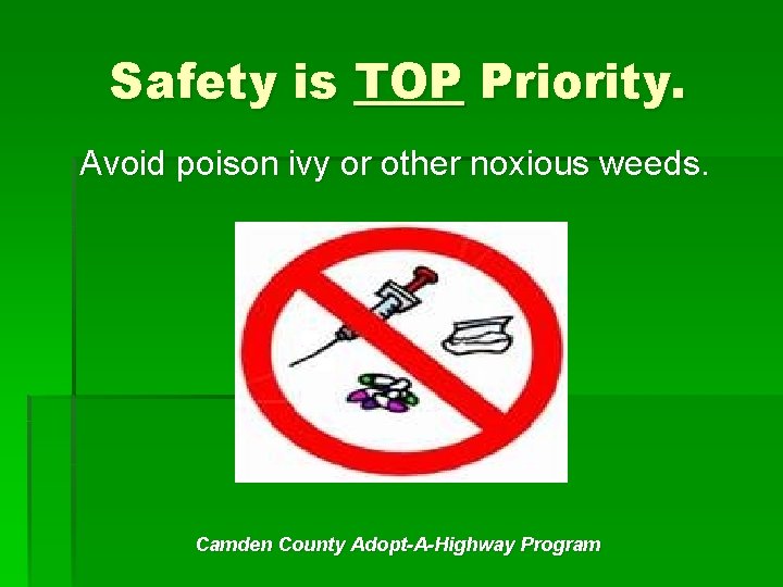 Safety is TOP Priority. Avoid poison ivy or other noxious weeds. Camden County Adopt-A-Highway