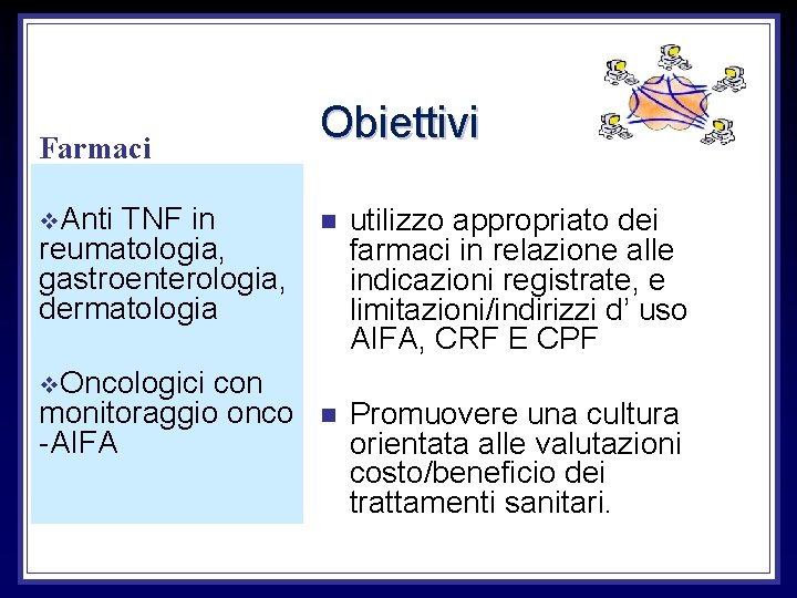 Farmaci v. Anti TNF in reumatologia, gastroenterologia, dermatologia con monitoraggio onco -AIFA Obiettivi n