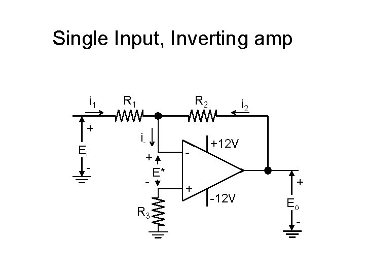 Single Input, Inverting amp i 1 + Ei - R 1 R 2 i+