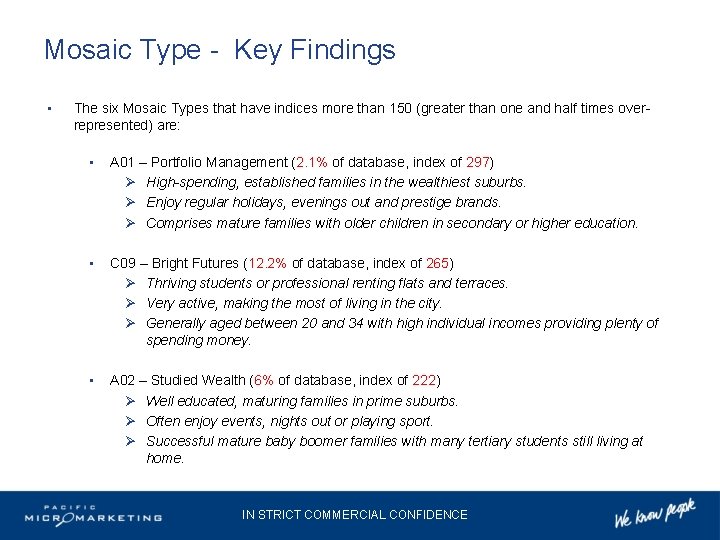 Mosaic Type - Key Findings • The six Mosaic Types that have indices more