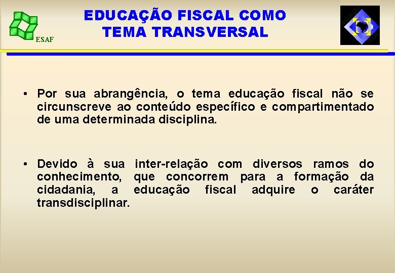 ESAF EDUCAÇÃO FISCAL COMO TEMA TRANSVERSAL • Por sua abrangência, o tema educação fiscal