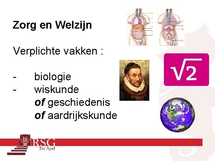 Zorg en Welzijn Verplichte vakken : - biologie wiskunde of geschiedenis of aardrijkskunde 