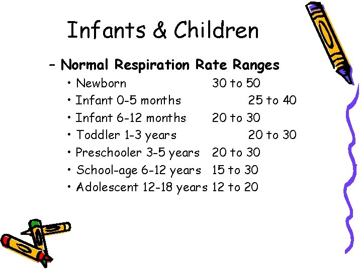 Infants & Children – Normal Respiration Rate Ranges • • Newborn Infant 0 -5