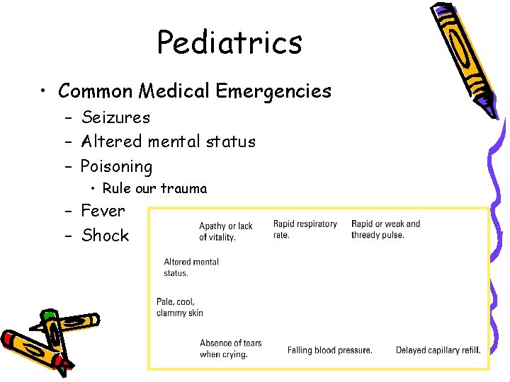 Pediatrics • Common Medical Emergencies – Seizures – Altered mental status – Poisoning •