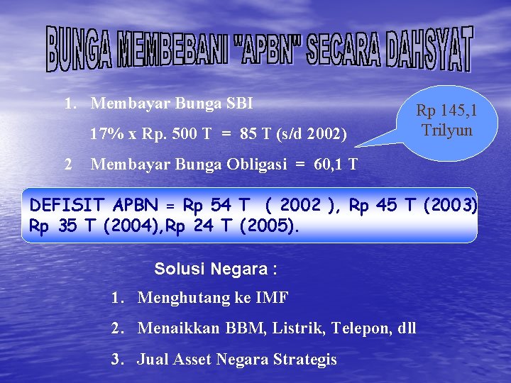 1. Membayar Bunga SBI 17% x Rp. 500 T = 85 T (s/d 2002)