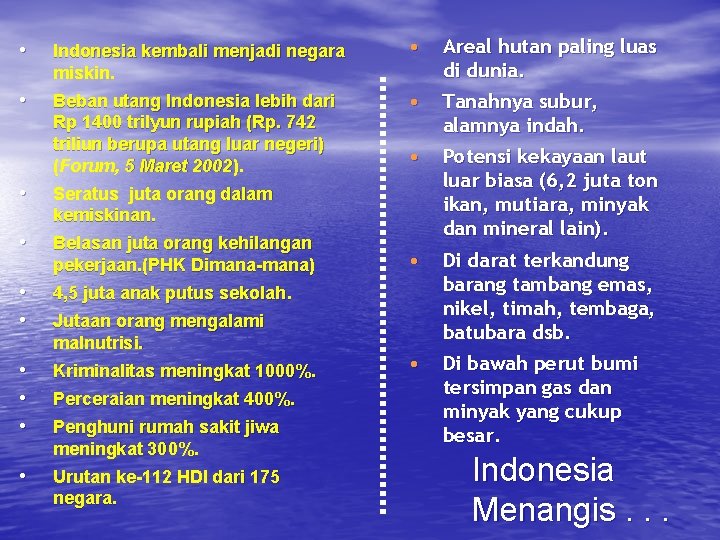  • Indonesia kembali menjadi negara miskin. • Areal hutan paling luas di dunia.