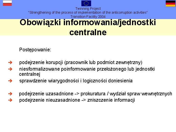 Twinning Project “Strengthening of the process of implementation of the anticorruption activities” Transition Facility