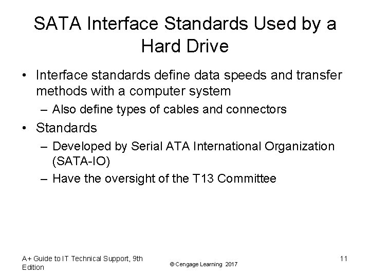 SATA Interface Standards Used by a Hard Drive • Interface standards define data speeds