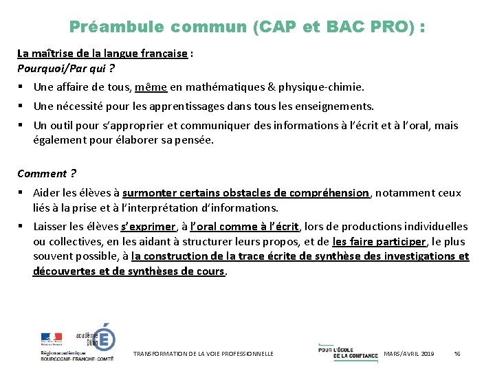 Préambule commun (CAP et BAC PRO) : La maîtrise de la langue française :