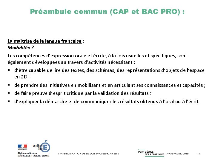 Préambule commun (CAP et BAC PRO) : La maîtrise de la langue française :