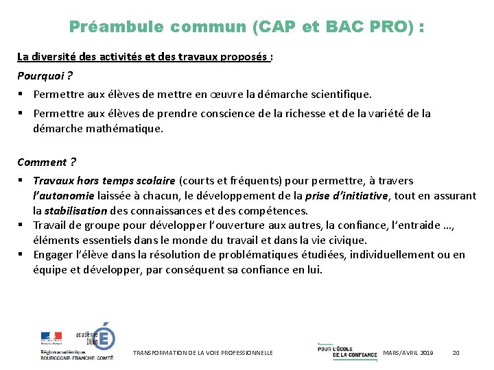 Préambule commun (CAP et BAC PRO) : La diversité des activités et des travaux