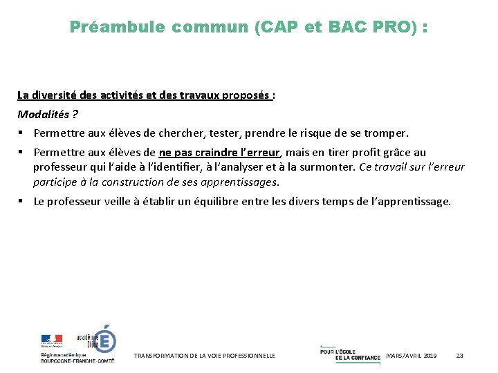 Préambule commun (CAP et BAC PRO) : La diversité des activités et des travaux