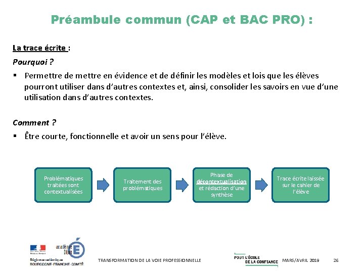 Préambule commun (CAP et BAC PRO) : La trace écrite : Pourquoi ? Permettre
