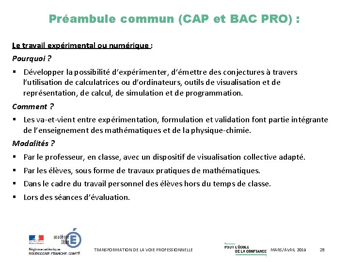 Préambule commun (CAP et BAC PRO) : Le travail expérimental ou numérique : Pourquoi