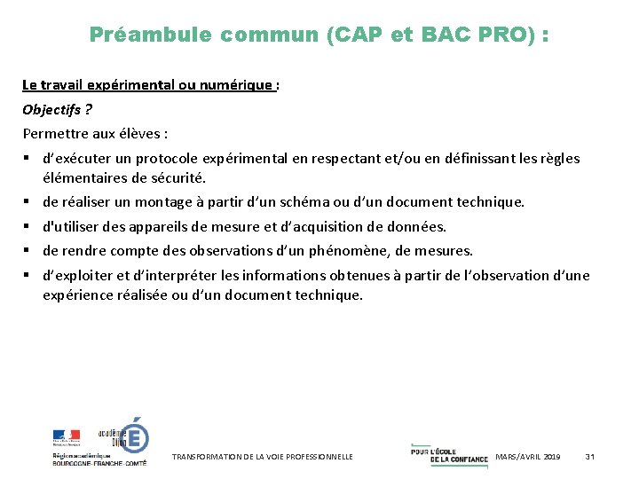 Préambule commun (CAP et BAC PRO) : Le travail expérimental ou numérique : Objectifs