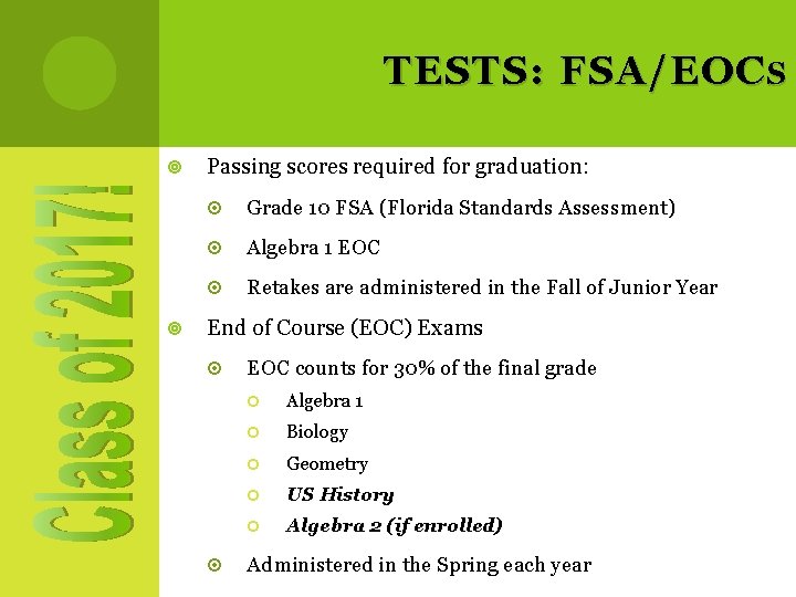 TESTS : FSA / EOC S Passing scores required for graduation: Grade 10 FSA