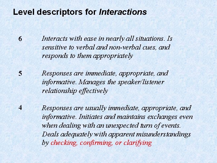Level descriptors for Interactions 6 Interacts with ease in nearly all situations. Is sensitive