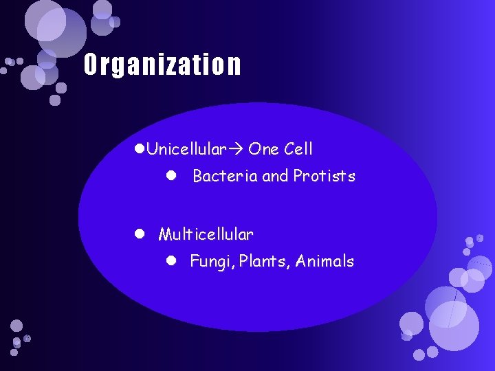 Organization Unicellular One Cell Bacteria and Protists Multicellular Fungi, Plants, Animals 