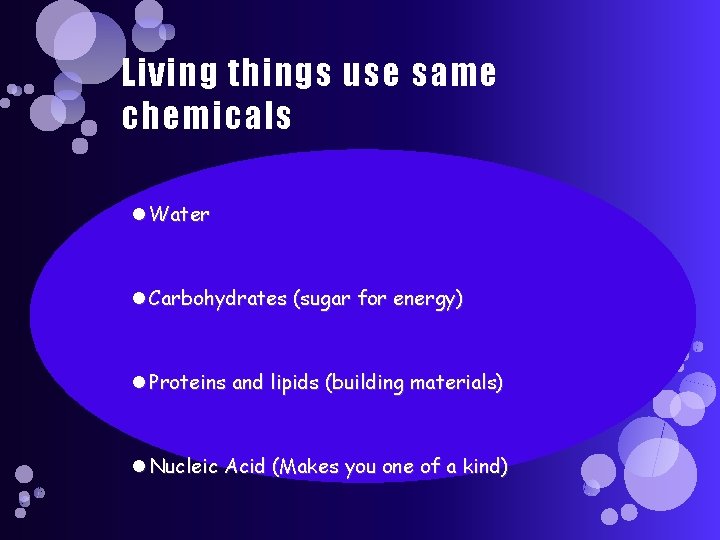 Living things use same chemicals Water Carbohydrates (sugar for energy) Proteins and lipids (building