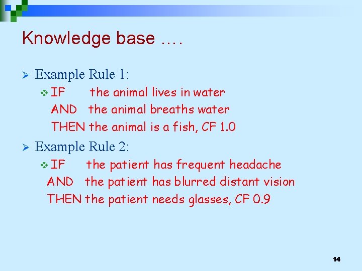 Knowledge base …. Ø Example Rule 1: v IF the animal lives in water