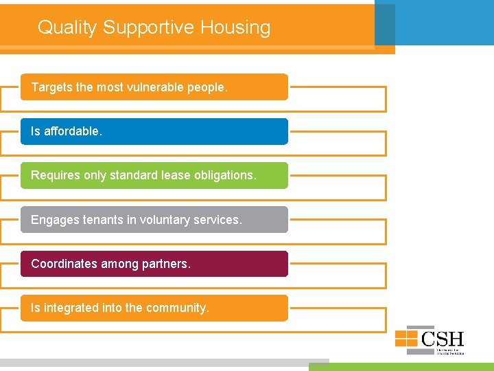 Quality Supportive Housing Targets the most vulnerable people. Is affordable. Requires only standard lease