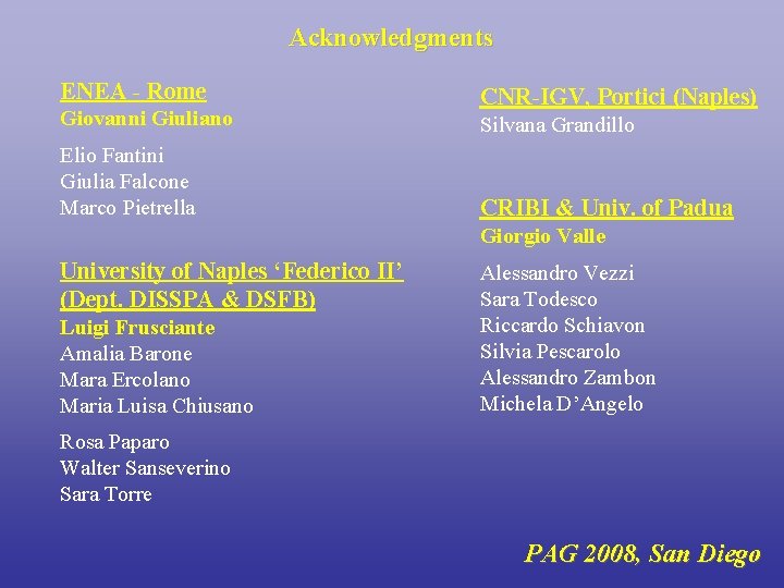 Acknowledgments ENEA - Rome Giovanni Giuliano Elio Fantini Giulia Falcone Marco Pietrella CNR-IGV, Portici