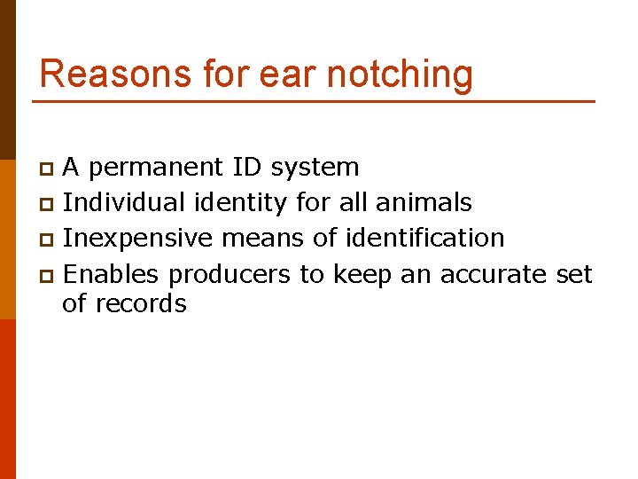 Reasons for ear notching A permanent ID system p Individual identity for all animals