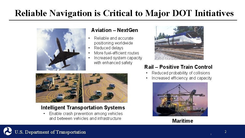 Reliable Navigation is Critical to Major DOT Initiatives Aviation – Next. Gen • •