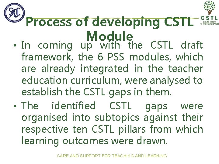 Process of developing CSTL Module • In coming up with the CSTL draft framework,