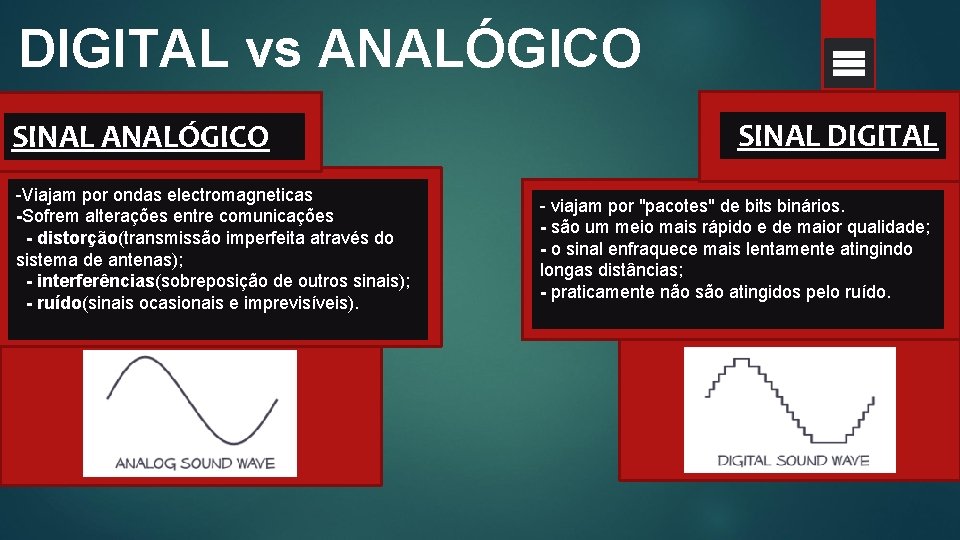 DIGITAL vs ANALÓGICO SINAL ANALÓGICO -Viajam por ondas electromagneticas -Sofrem alterações entre comunicações -