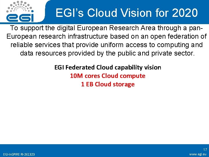 EGI’s Cloud Vision for 2020 To support the digital European Research Area through a