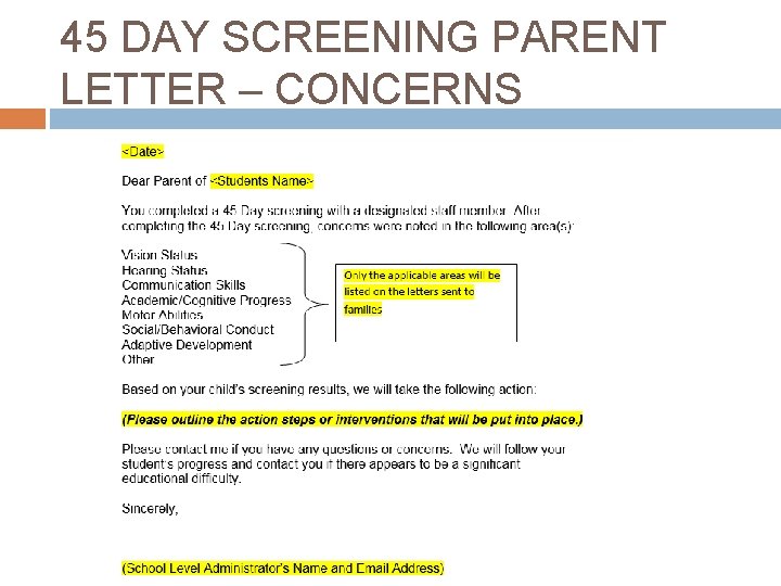 45 DAY SCREENING PARENT LETTER – CONCERNS 