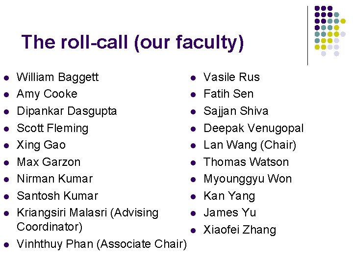 The roll-call (our faculty) l l l l l William Baggett Amy Cooke Dipankar The roll-call (our faculty) l l l l l William Baggett Amy Cooke Dipankar