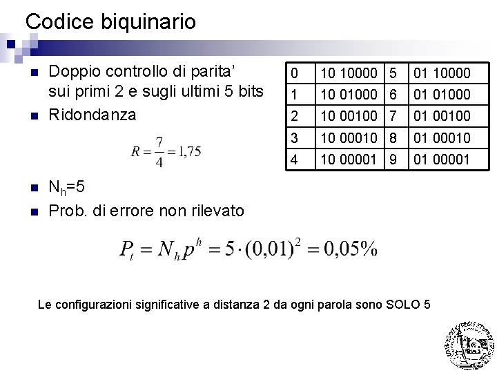 Codice biquinario n n Doppio controllo di parita’ sui primi 2 e sugli ultimi